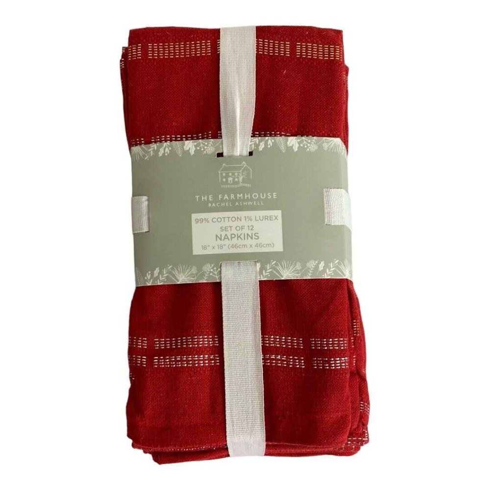 Rachel Ashwell The Farmhouse Napkins 18 x 18 Christmas Red Silver Set of 12